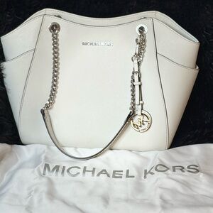 Michael Kors Cream White Saffiano Leather Chain-Handle Shoulder Tote